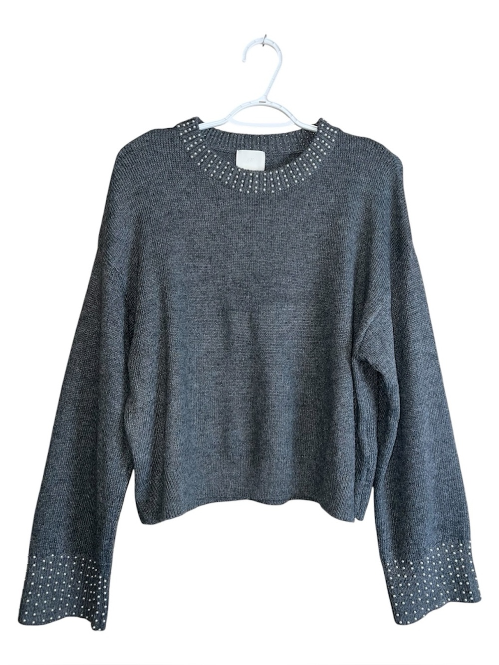 H&M Charcoal Gray Pearl Embellished Pullover Crewneck Sweater Sz L